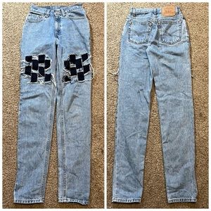 VTG 512 TM Slim Fit Tapered Leg Mom Jeans High Rise Distressed Woven Blue 26